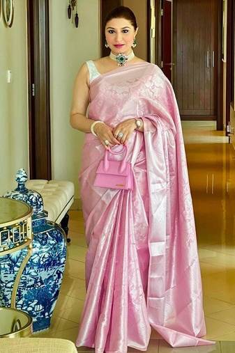 Baby pink silk blend jacuard work festival saree with unstitched blouse piece