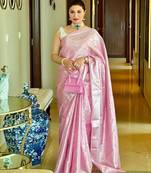 Baby pink silk blend jacuard work festival saree with unstitched blouse piece