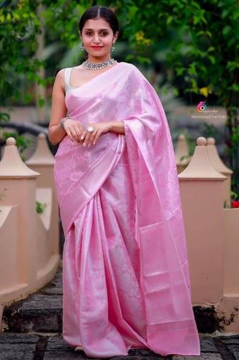 Baby pink silk blend jacuard work festival saree with unstitched blouse piece