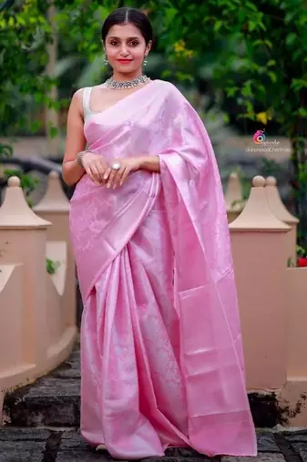 Baby pink silk blend jacuard work festival saree with unstitched blouse piece