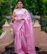 Baby pink silk blend jacuard work festival saree with unstitched blouse piece