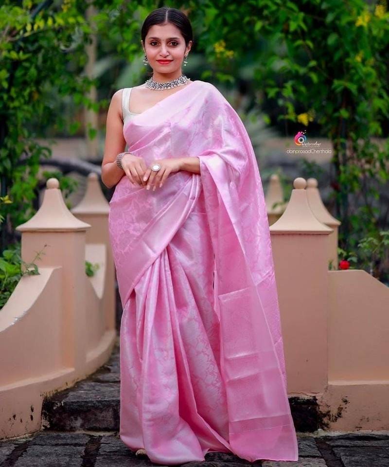 Baby pink silk blend jacuard work festival saree with unstitched blouse piece