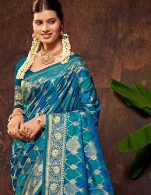 smart and ethnic peacock blue color silk blend fabric woven designer ethnic rich looks saree 2