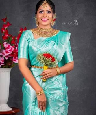 Sky blue silk blend jacuard work festival saree with unstitched blouse piece 1