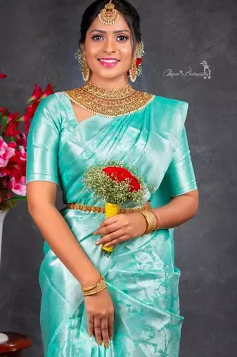 Sky blue silk blend jacuard work festival saree with unstitched blouse piece
