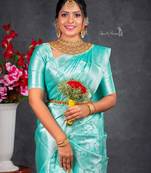 Sky blue silk blend jacuard work festival saree with unstitched blouse piece