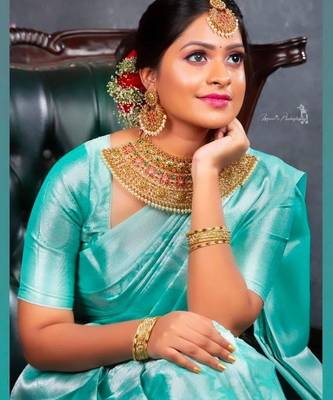 Sky blue silk blend jacuard work festival saree with unstitched blouse piece 2