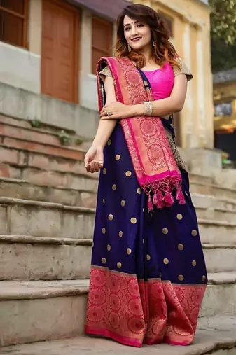 Blue pink silk blend jacuard work festival saree with unstitched blouse piece