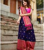 Blue pink silk blend jacuard work festival saree with unstitched blouse piece