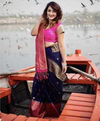 Blue pink silk blend jacuard work festival saree with unstitched blouse piece 2