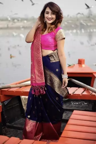 Blue pink silk blend jacuard work festival saree with unstitched blouse piece