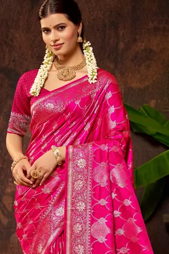 smart and ethnic rani pink color silk blend fabric woven designer ethnic rich looks saree