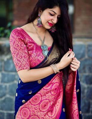 Blue pink silk blend jacuard work festival saree with unstitched blouse piece 2