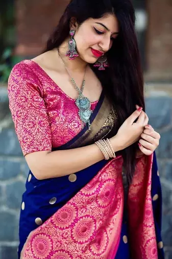 Blue pink silk blend jacuard work festival saree with unstitched blouse piece