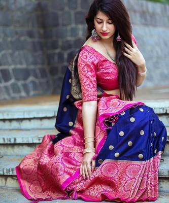 Blue pink silk blend jacuard work festival saree with unstitched blouse piece 1