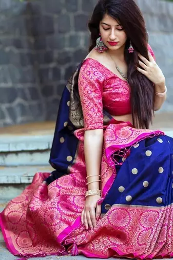 Blue pink silk blend jacuard work festival saree with unstitched blouse piece