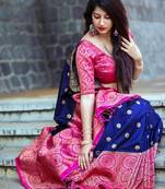 Blue pink silk blend jacuard work festival saree with unstitched blouse piece