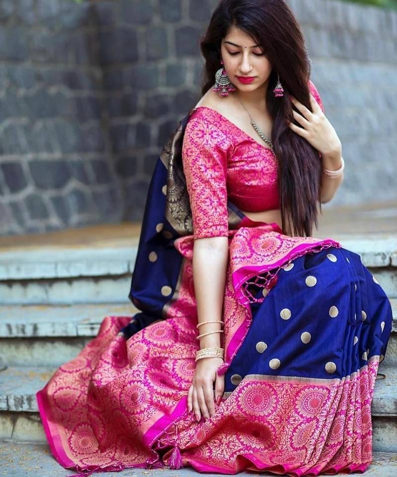 Blue pink silk blend jacuard work festival saree with unstitched blouse piece