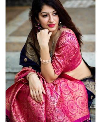 Blue pink silk blend jacuard work festival saree with unstitched blouse piece 4