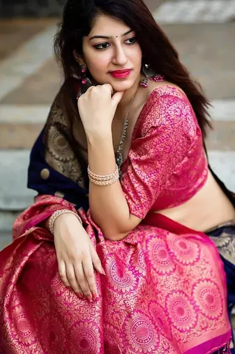 Blue pink silk blend jacuard work festival saree with unstitched blouse piece