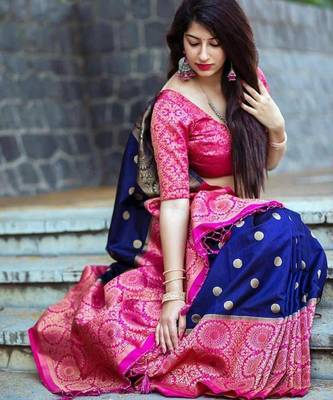 Blue pink silk blend jacuard work festival saree with unstitched blouse piece 5