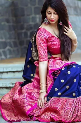 Blue pink silk blend jacuard work festival saree with unstitched blouse piece