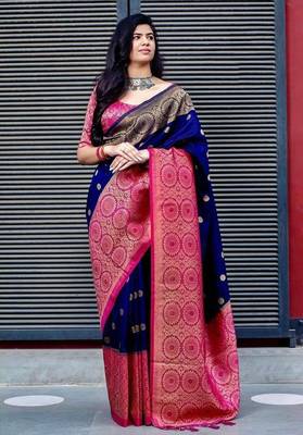 Blue pink silk blend jacuard work festival saree with unstitched blouse piece 1