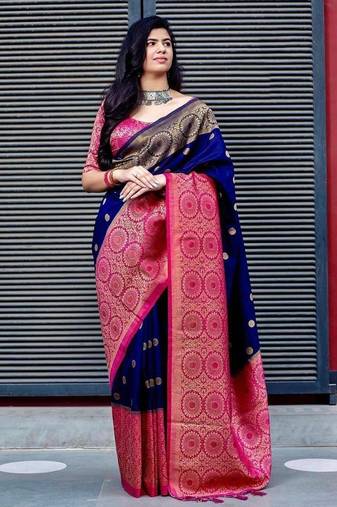 Blue pink silk blend jacuard work festival saree with unstitched blouse piece