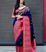 Blue pink silk blend jacuard work festival saree with unstitched blouse piece