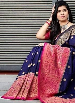 Blue pink silk blend jacuard work festival saree with unstitched blouse piece 2