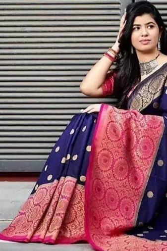 Blue pink silk blend jacuard work festival saree with unstitched blouse piece