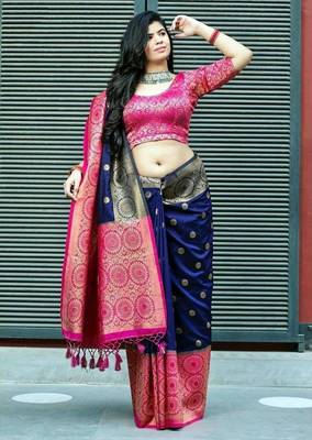 Blue pink silk blend jacuard work festival saree with unstitched blouse piece 3