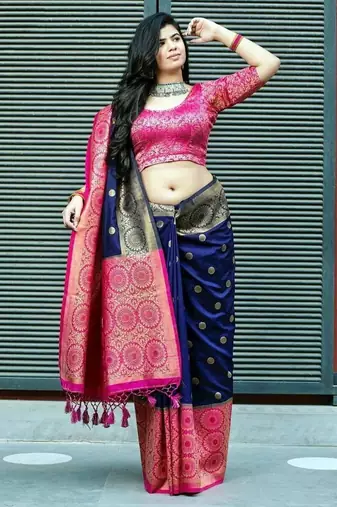 Blue pink silk blend jacuard work festival saree with unstitched blouse piece