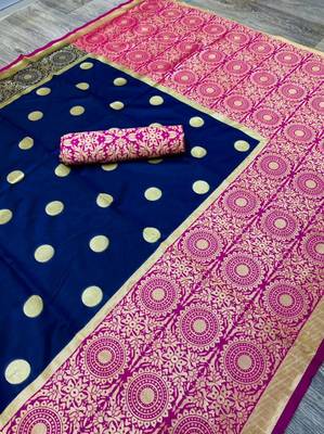 Blue pink silk blend jacuard work festival saree with unstitched blouse piece 4