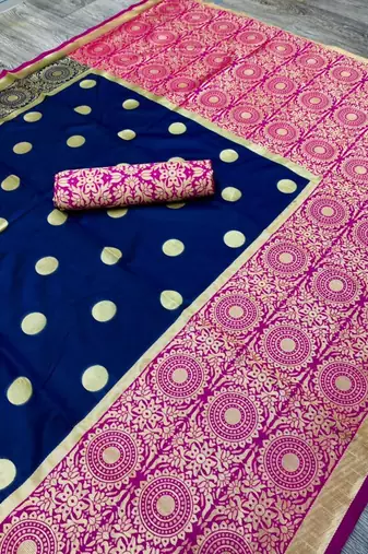 Blue pink silk blend jacuard work festival saree with unstitched blouse piece