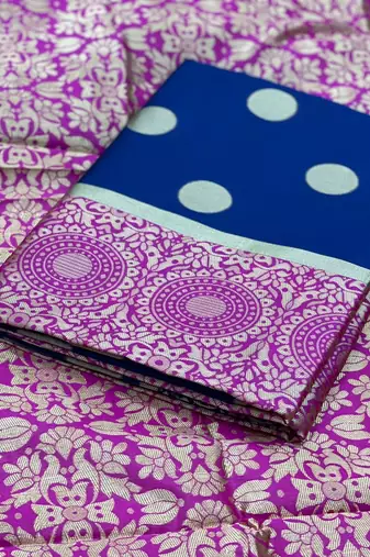 Blue pink silk blend jacuard work festival saree with unstitched blouse piece