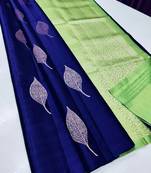 Blue parrot silk blend jacuard work festival saree with unstitched blouse piece