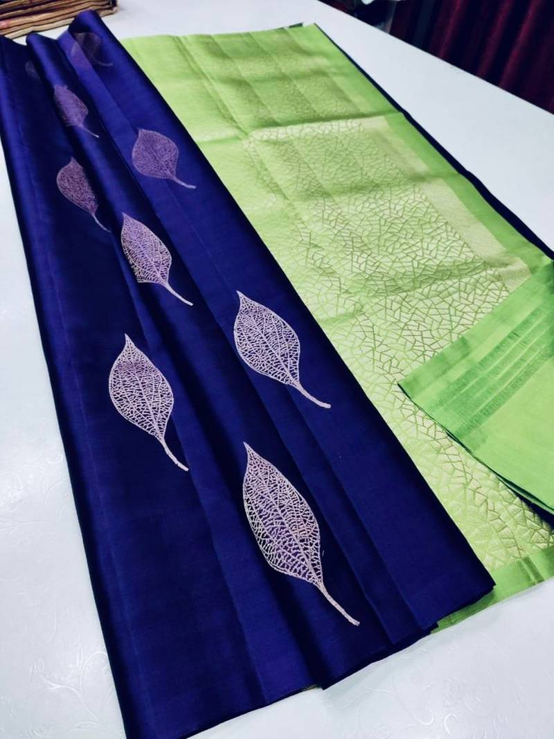 Blue parrot silk blend jacuard work festival saree with unstitched blouse piece