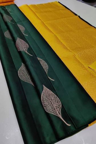 Green yellow silk blend jacuard work festival saree with unstitched blouse piece