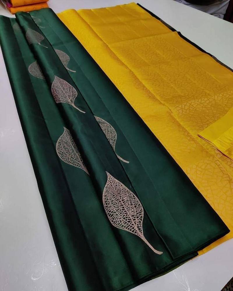 Green yellow silk blend jacuard work festival saree with unstitched blouse piece