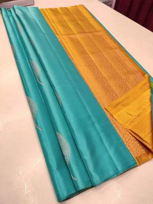 Turquoise yellow silk blend jacuard work festival saree with unstitched blouse piece 1