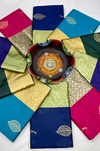 Turquoise yellow silk blend jacuard work festival saree with unstitched blouse piece