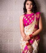 Off white pink silk blend jacuard work festival saree with unstitched blouse piece