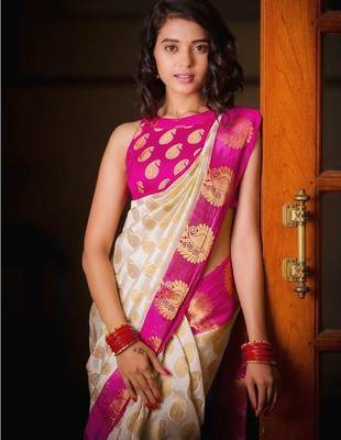 Off white pink silk blend jacuard work festival saree with unstitched blouse piece 2