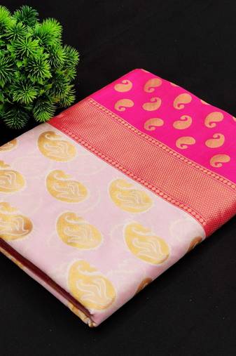 Off white pink silk blend jacuard work festival saree with unstitched blouse piece