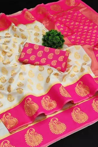 Off white pink silk blend jacuard work festival saree with unstitched blouse piece