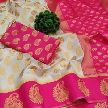 Off white pink silk blend jacuard work festival saree with unstitched blouse piece 3