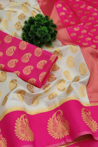 Off white pink silk blend jacuard work festival saree with unstitched blouse piece