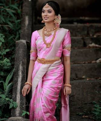Baby pink silk blend jacuard work festival saree with unstitched blouse piece 1