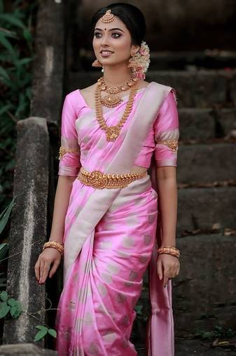 Baby pink silk blend jacuard work festival saree with unstitched blouse piece
